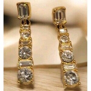 Vintage Monet Gold Tone Crystal Drop Earrings Elegant Dangle Baguette Round Cut